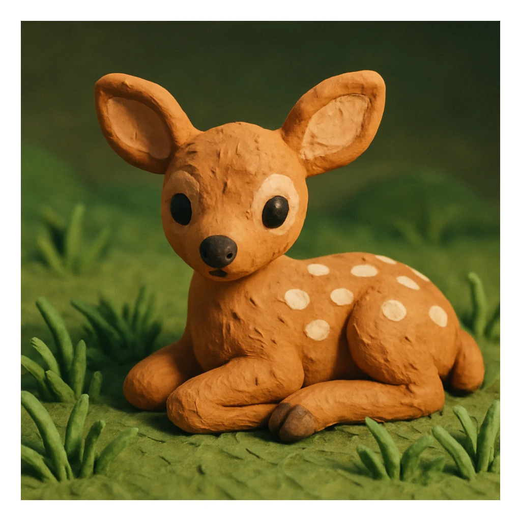 fawn with spots, lying in grass, soft lighting, cute and detailed fur, claymation style sticker