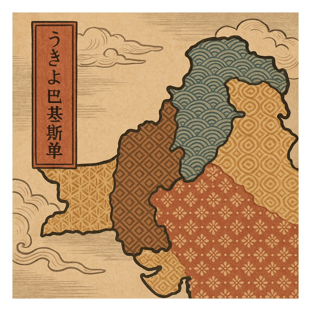 ukiyo-e inspired illustration of Pakistan with traditional patterns sticker