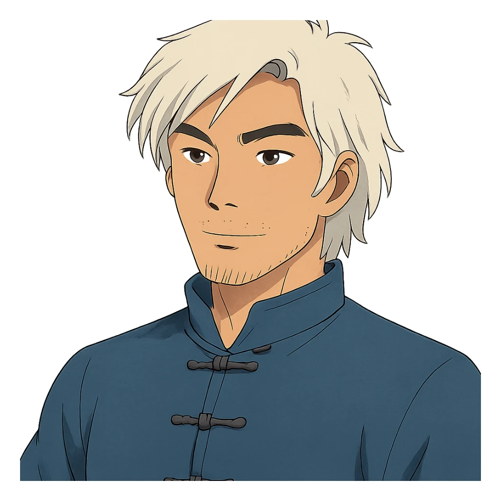 white haired handsome Chinese man in ghibli style, detailed and expressive sticker