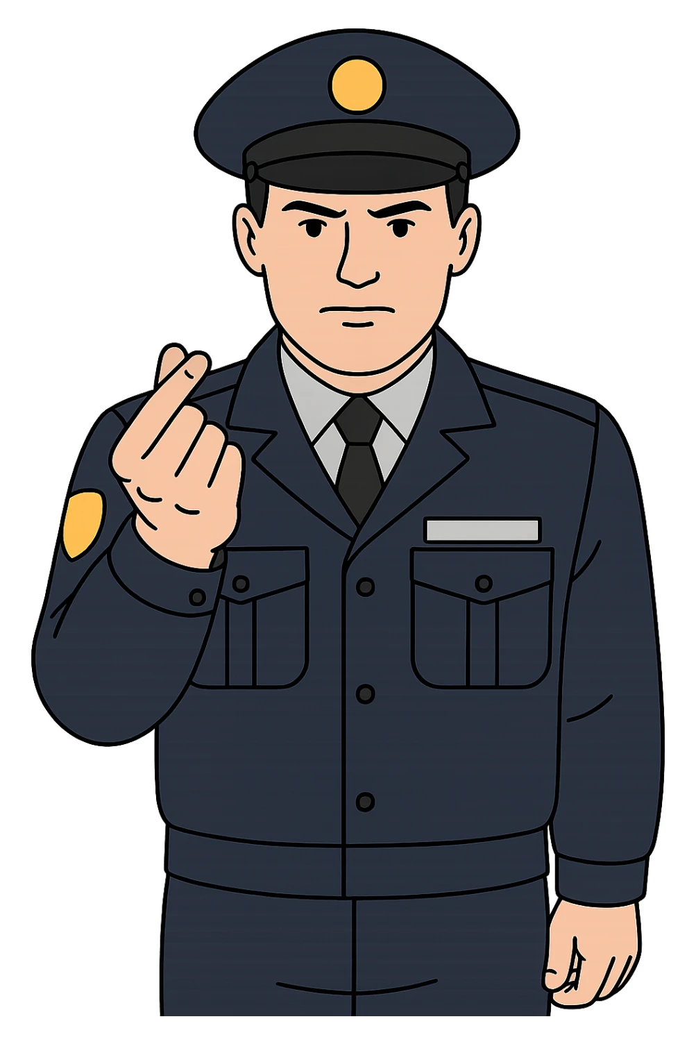 Используя такую стилистику сгенерируй налогового инспектора в точно такой же фуражке, который смотрит прямо на зрителя и показывает пальцами жест, давай денег, прозрачный фон sticker