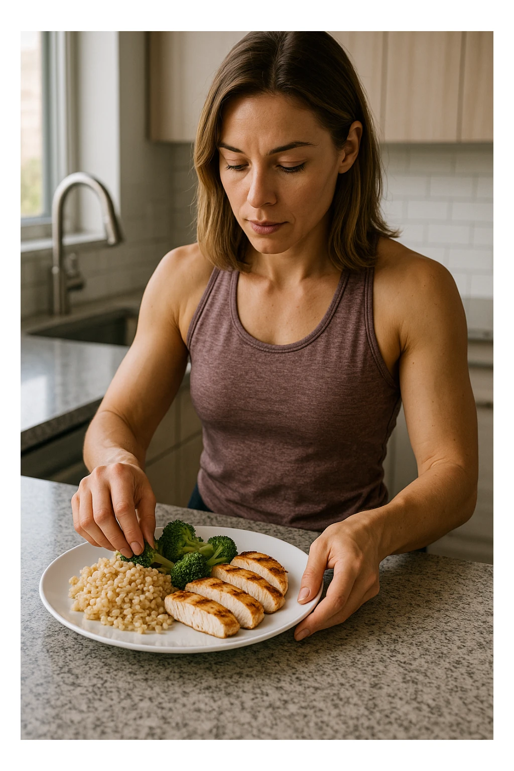Donna che prepara un pasto equilibrato fit, con carboidrati, proteine e grassi dentro il piatto. Perfettamente equilibrato. Molto realistica sticker