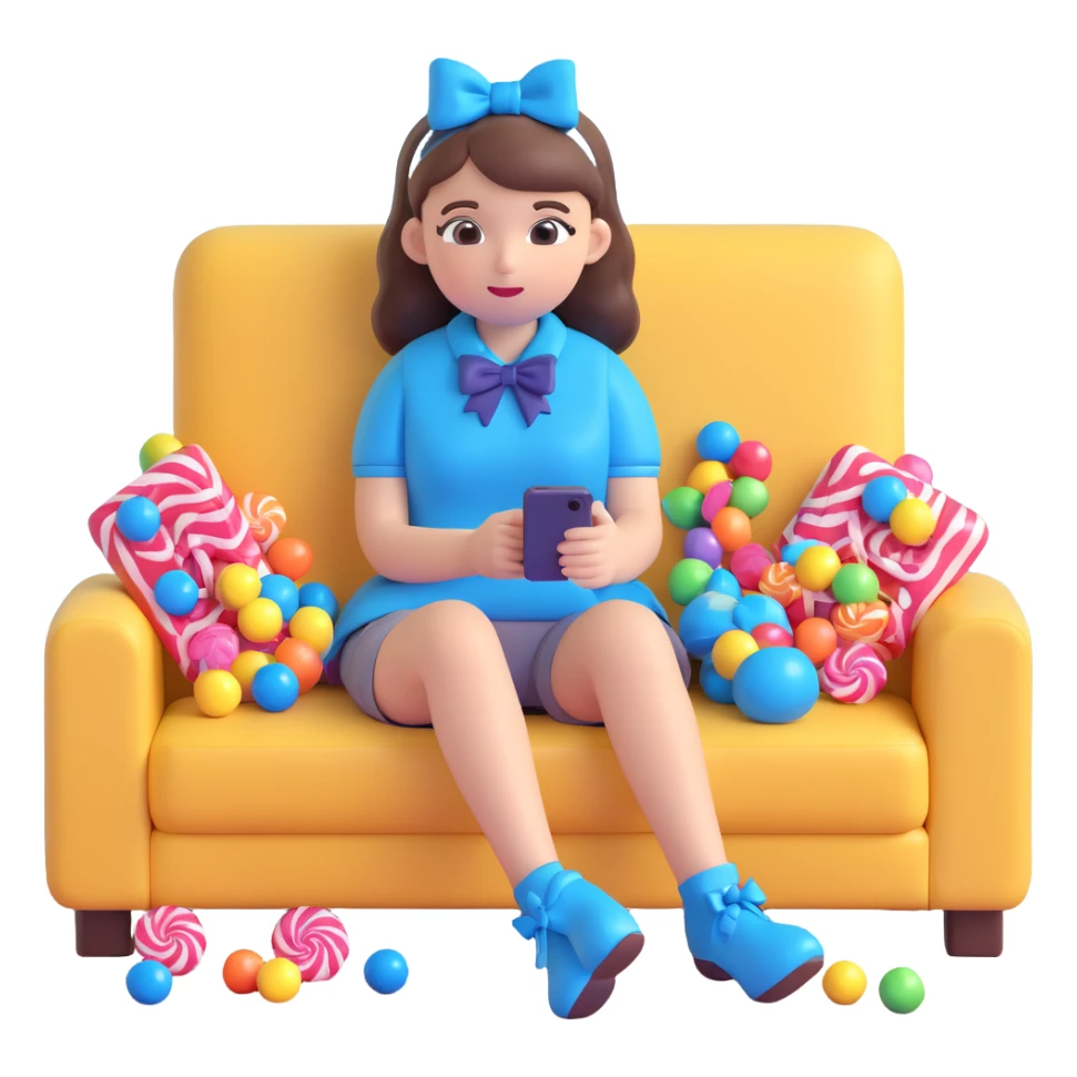 A girl sitting on a couch with a cat, holding a smartphone, with a blue bow on her head, surrounded by candy, in a warm, cozy setting. sticker