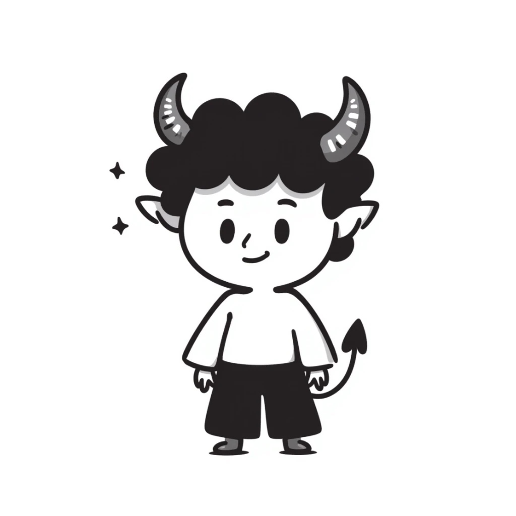 hand-drawn chibi demon with big head, tiny body, cute horns and mischievous smile sticker
