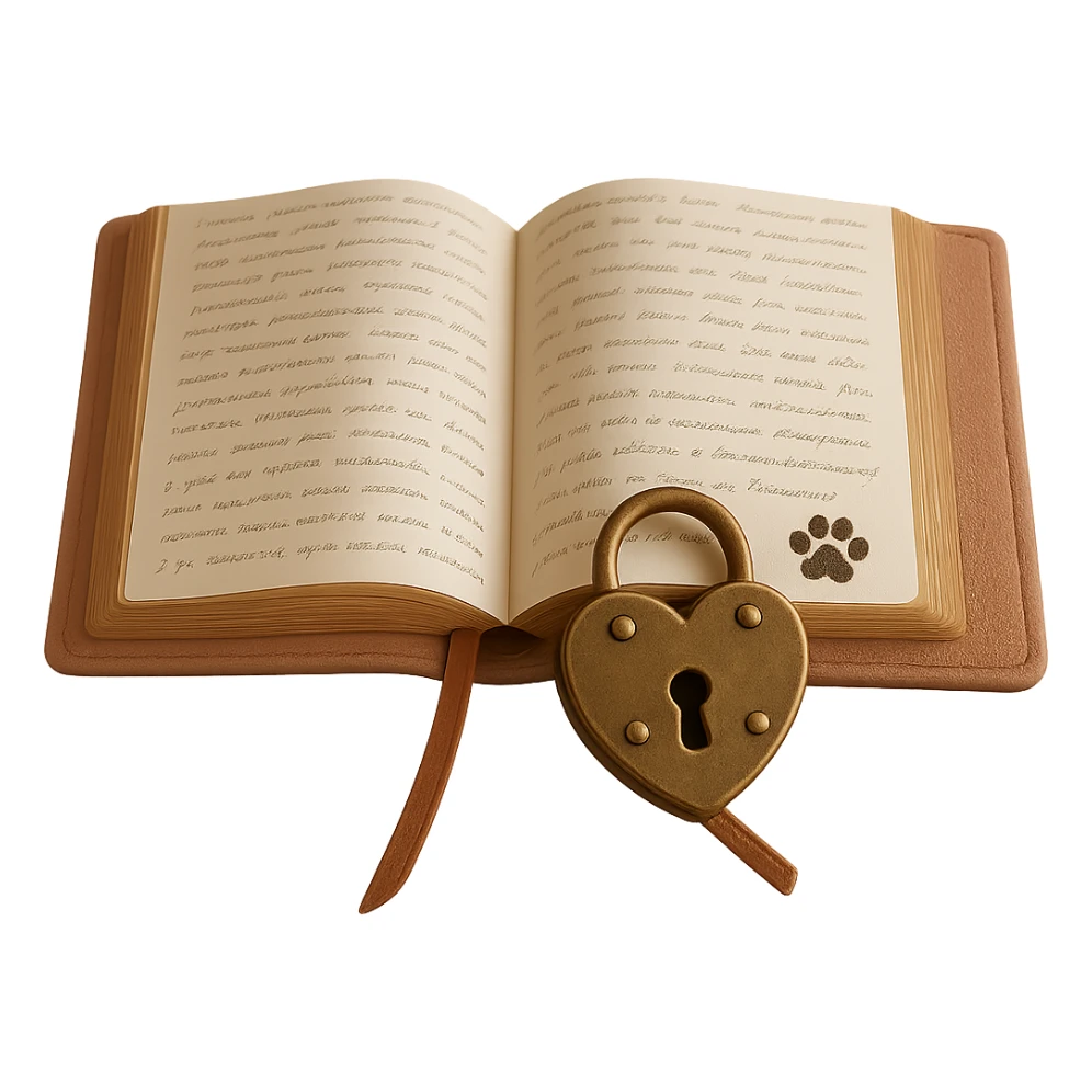 Add a small paw print to the pink leather-bound diary with heart-shaped lock. Keep the background transparent. The style should be realistic and detailed. sticker