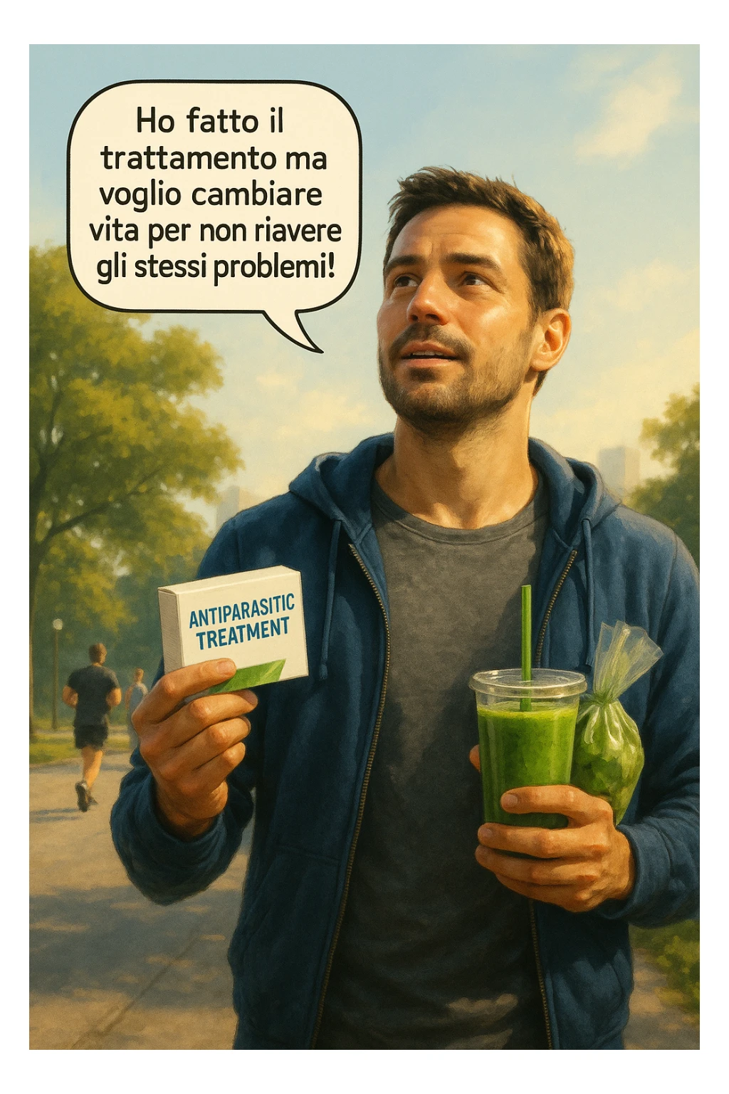 A realistic, cinematic illustration of a man in his early 30s with a determined and hopeful expression, standing outside under a bright morning sky, holding a small box labeled 'Antiparasitic Treatment' in one hand, while in the other hand he holds a fresh green smoothie or a bag of vegetables. A speech bubble near him says: ‘Ho fatto il trattamento ma voglio cambiare vita per non riavere gli stessi problemi!’ The man is wearing casual but clean and sporty clothing, symbolizing a fresh start, with the background showing a city park with green trees, morning light, and people jogging, indicating a healthy lifestyle. The atmosphere is bright, uplifting, and motivating, clearly illustrating the transition from treatment to lifestyle change to prevent future health issues. The style is realistic with warm tones, showing positive energy and commitment to change in italiano sticker
