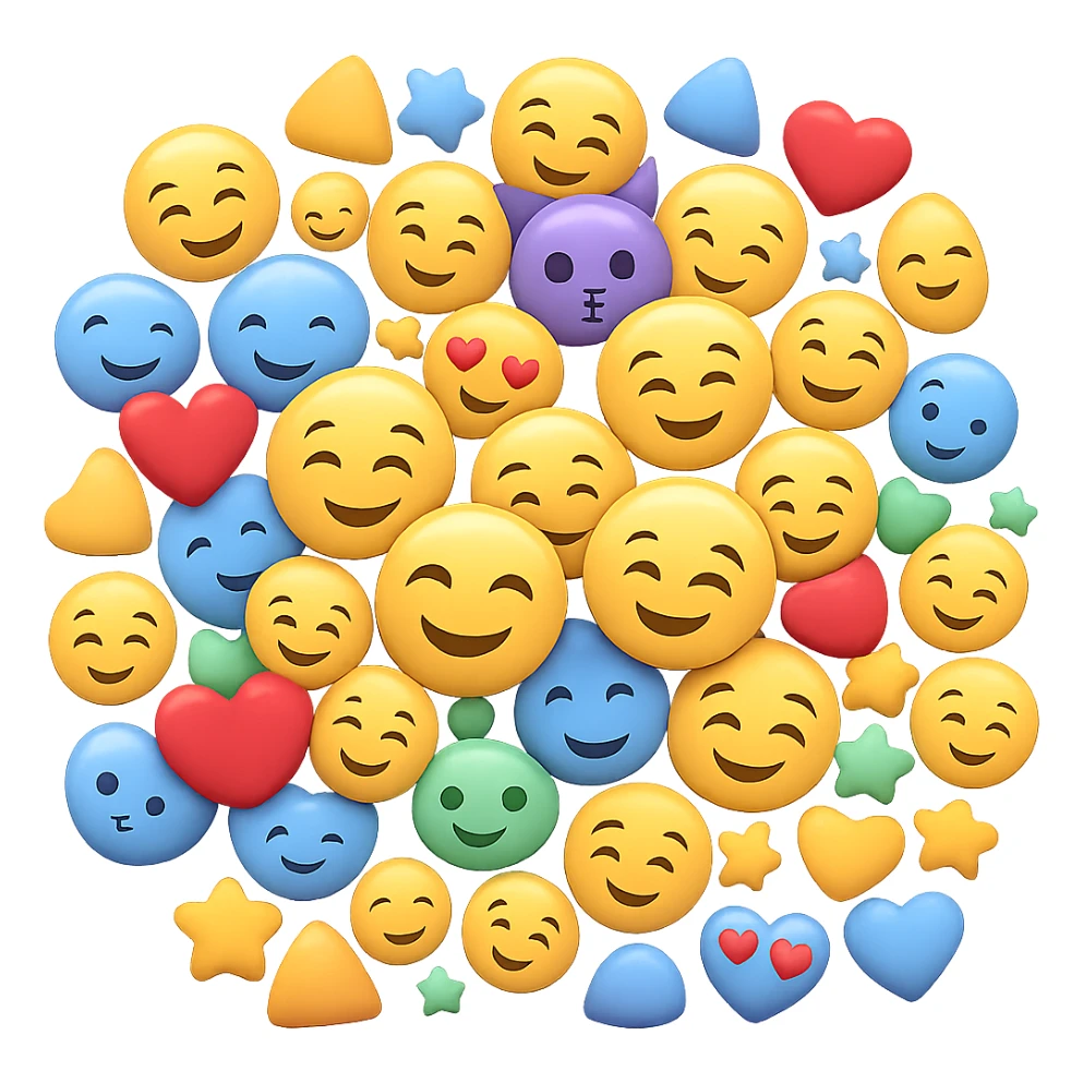 Create a large pile of many different 3D Apple style emojis inspired by the provided image. The emojis can touch and overlap, filling the entire image area, with no background. sticker