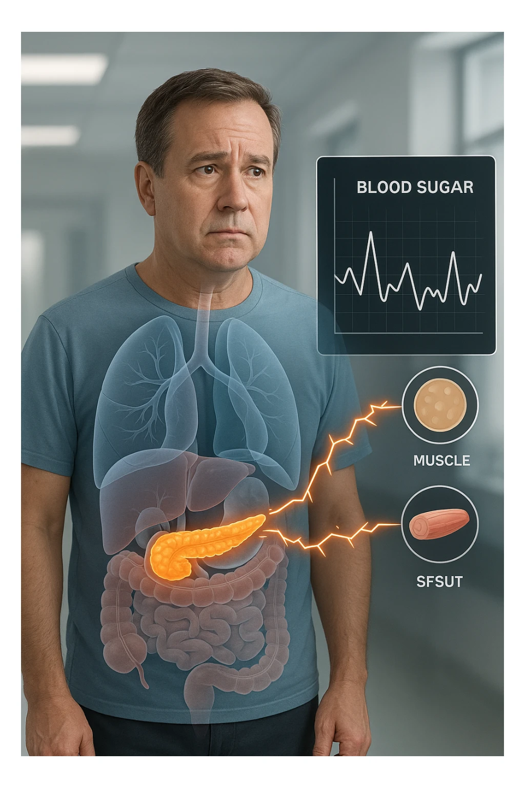 a middle-aged man stands in a clinical setting, with a semi-transparent overlay showing his internal organs. His pancreas is highlighted, and glowing lines or icons indicate disrupted insulin signaling between the pancreas and muscle or fat cells. The man’s expression is slightly concerned, and a digital chart beside him displays fluctuating blood sugar levels. The lighting is realistic, with a clean, modern medical background. sticker