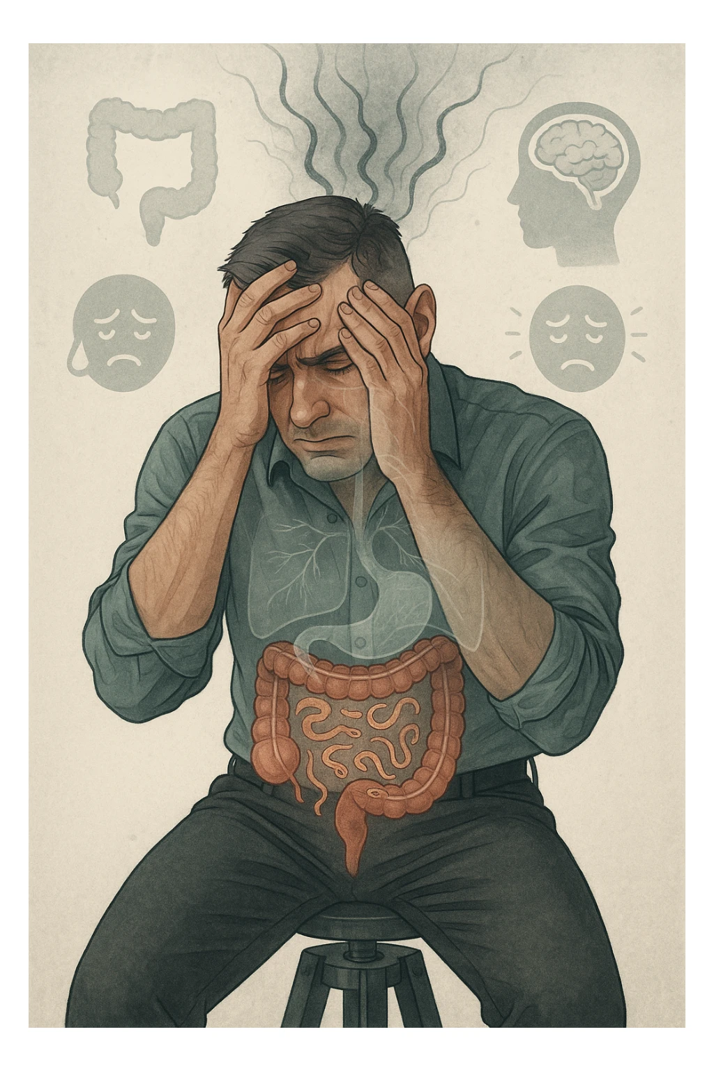 a person sits with a troubled expression, holding their head in their hands. A transparent overlay on their body reveals stylized images of parasites in the digestive tract, while faint, shadowy tendrils extend upward toward the brain, symbolizing the psychological impact. The background is clinical and educational, with subtle icons representing both physical and mental symptoms. sticker