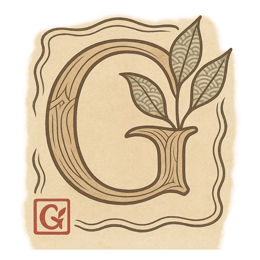 logo featuring the letter G with stylized leaves, elegant Japanese-inspired design sticker