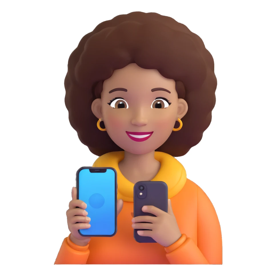 Afro-Caribbean female smiling, holding iPhone, recording sticker