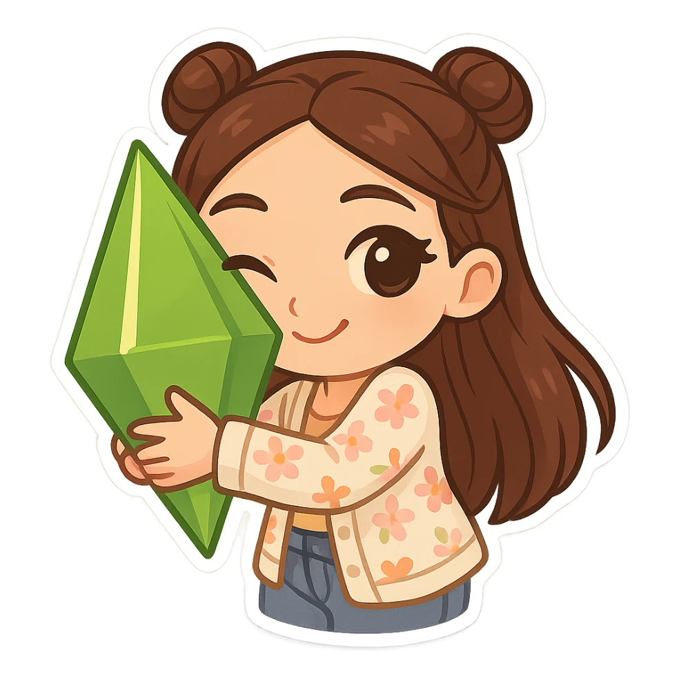 Create a chibi sticker of the girl from the reference image. She has brown straight hair styled in double buns, brown eyes, wearing a pastel floral cardigan and jeans. The expression is flirty and she is hugging a plumbob. The sticker should have a white outline and a transparent background, sized 512x512px. sticker