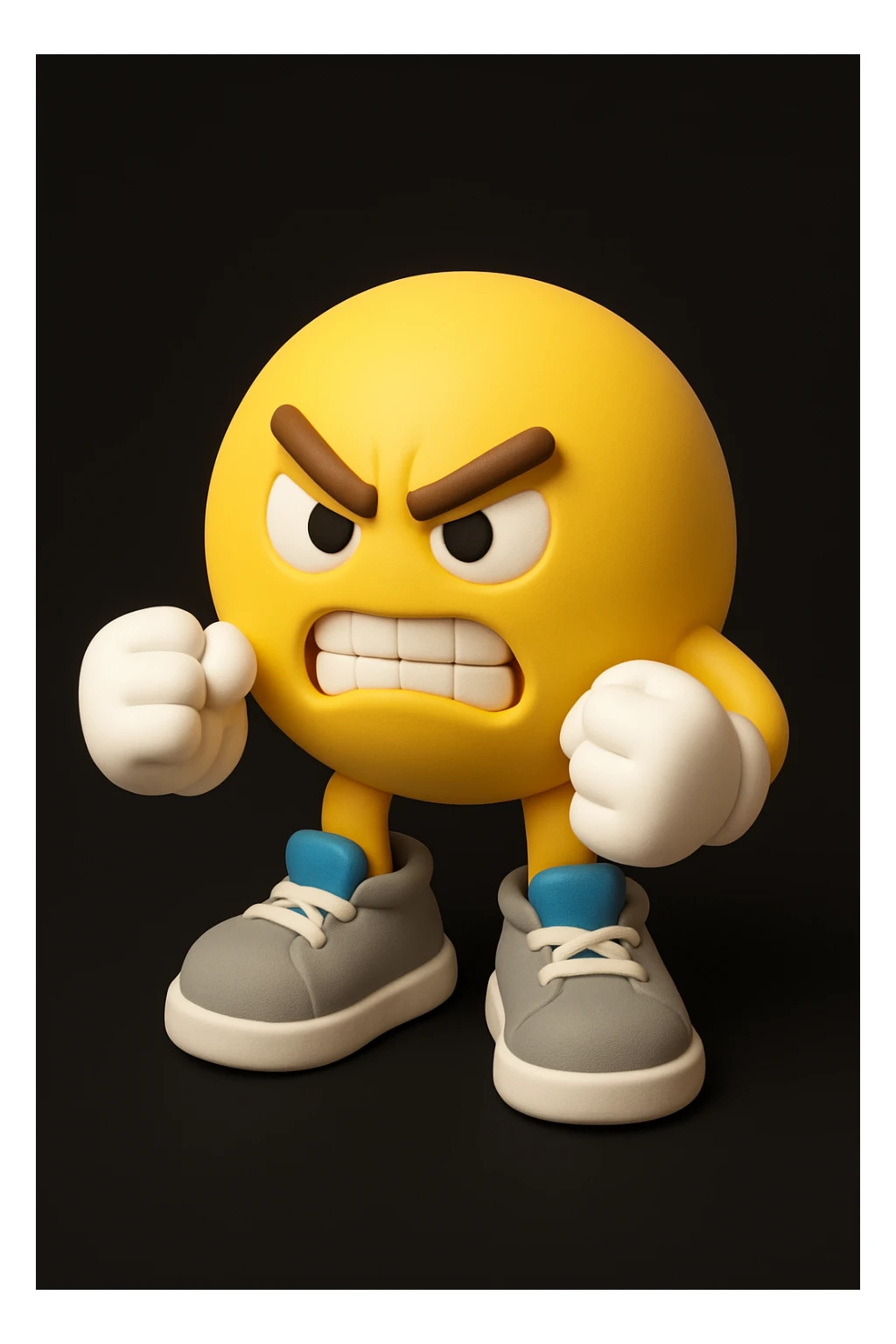 3D yellow emoji character, angry face (furrowed brows, narrowed eyes, gritted teeth), white gloved fists in fighting stance, large gray sneakers with blue tongues and white laces, solid black background. sticker