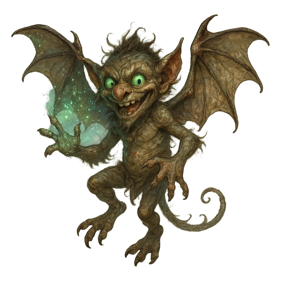 Igor the mephit, playful gremlin with wings, fantasy setting, magical, detailed sticker