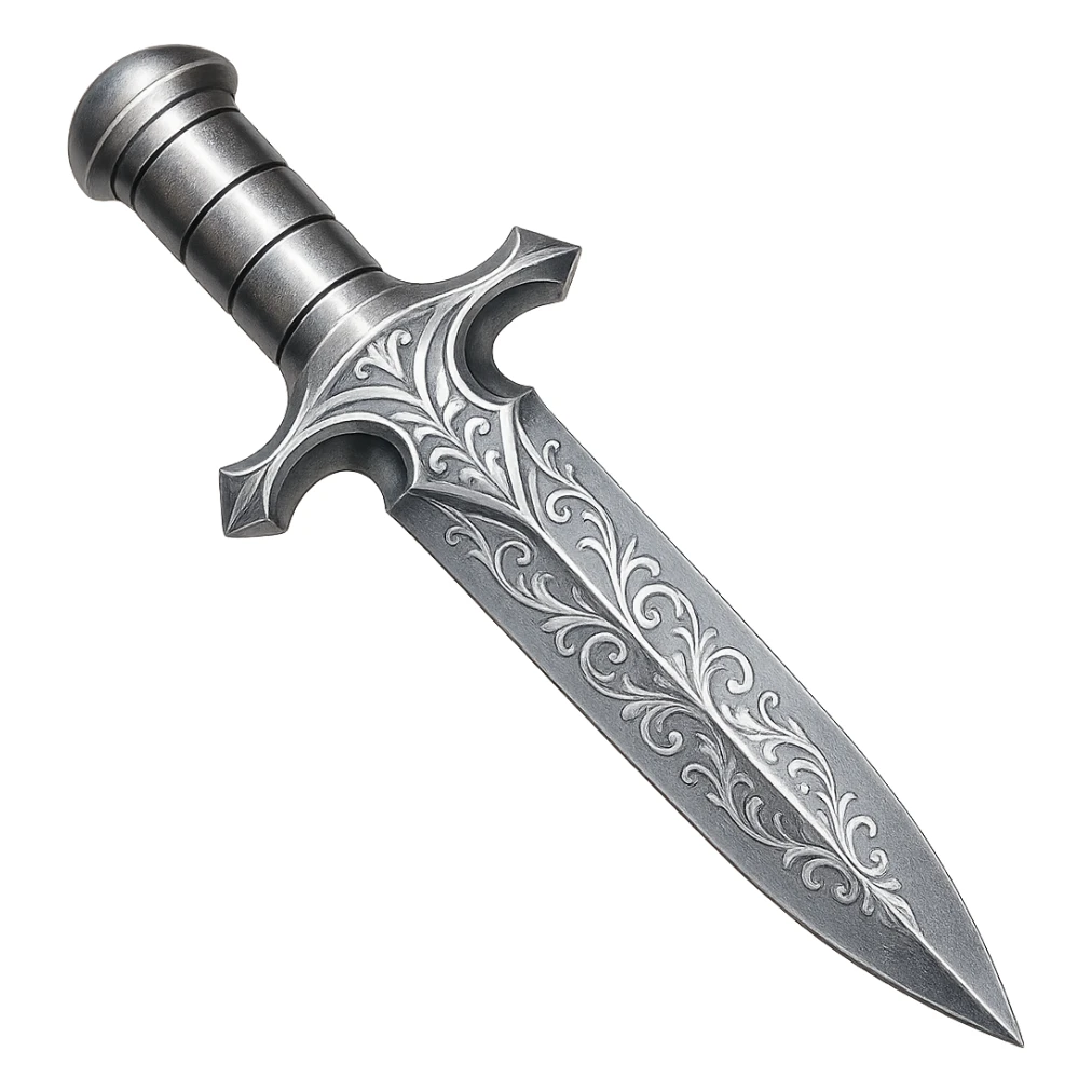 Engrave this steel dagger with elegant silver engravings, keep it crisp, shiny, and slightly fancier than iron, realistic metallic steel, emoji style. Transparent background. sticker