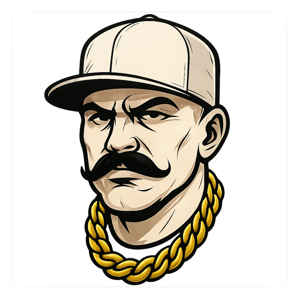 gangsta head with white skin, gold chain, thick mustache, white cap, confident expression sticker
