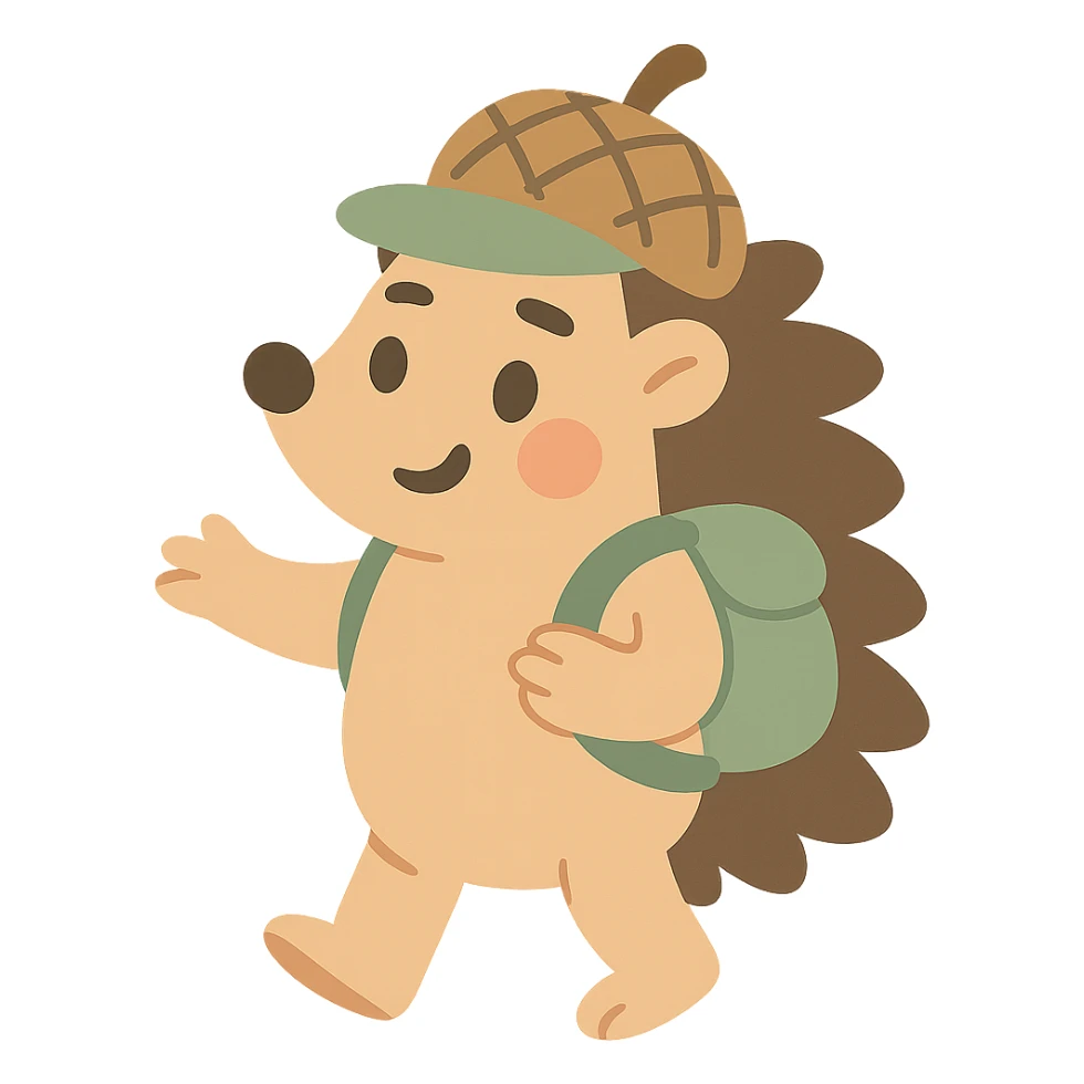 hedgehog with a tiny backpack and acorn hat, muted browns and sage green, pastel-toon style sticker