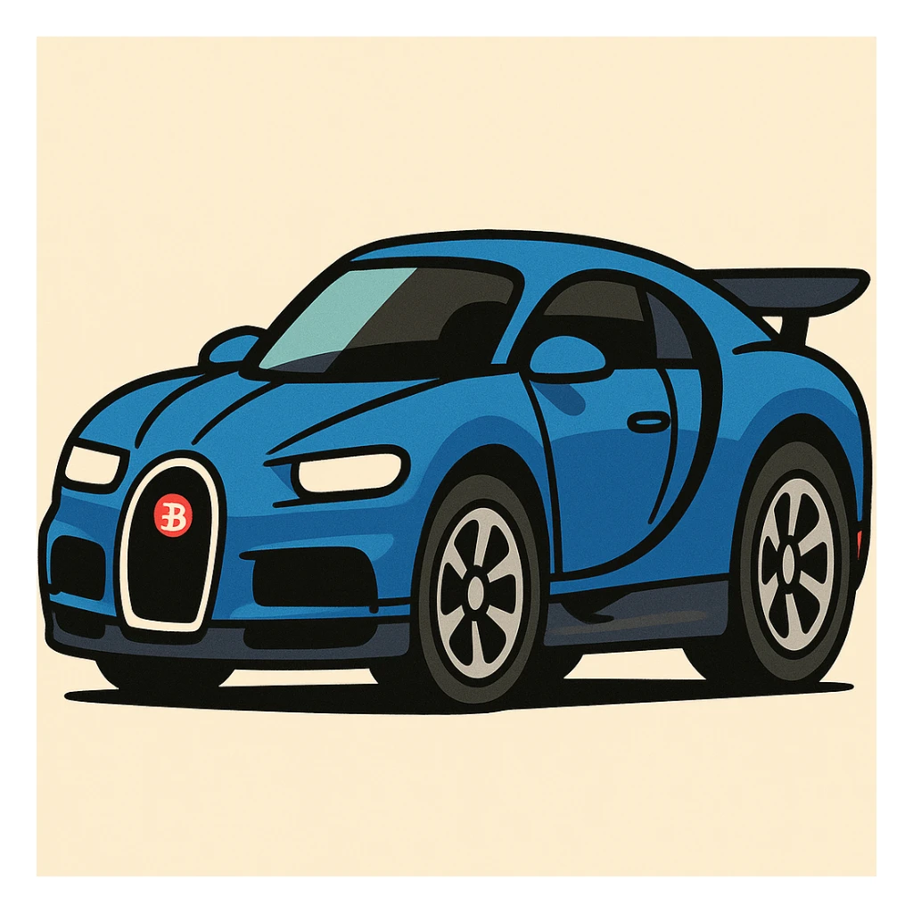 Bugatti Chiron, cartoon style, side profile, playful proportions, blue and black sticker