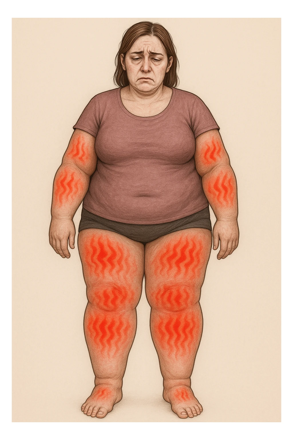 "Woman with lipedema experiencing constant burning and aching pain in disproportionately swollen legs and arms, pain radiating through enlarged fat deposits shown as red heat signatures, expression of chronic suffering and exhaustion, normal daily activities becoming torture due to inflammatory adipose tissue, pain levels fluctuating unpredictably throughout the day" scritte in italiano sticker