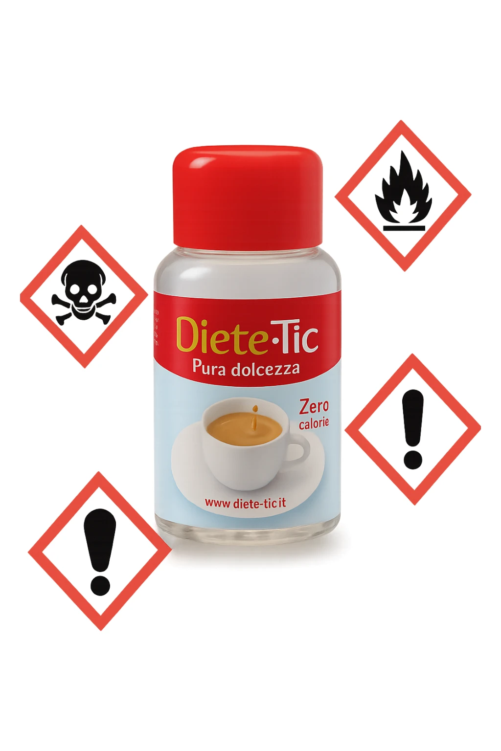 BOCCETTA DI DOLCIFICANTE LIQUIDO CON LA SCRITTA "DIETE-TIC" SULL'ETICHETTA FLUTTUA IN ARIA INSIEME A SEGNALI DI PERICOLO 3D sticker