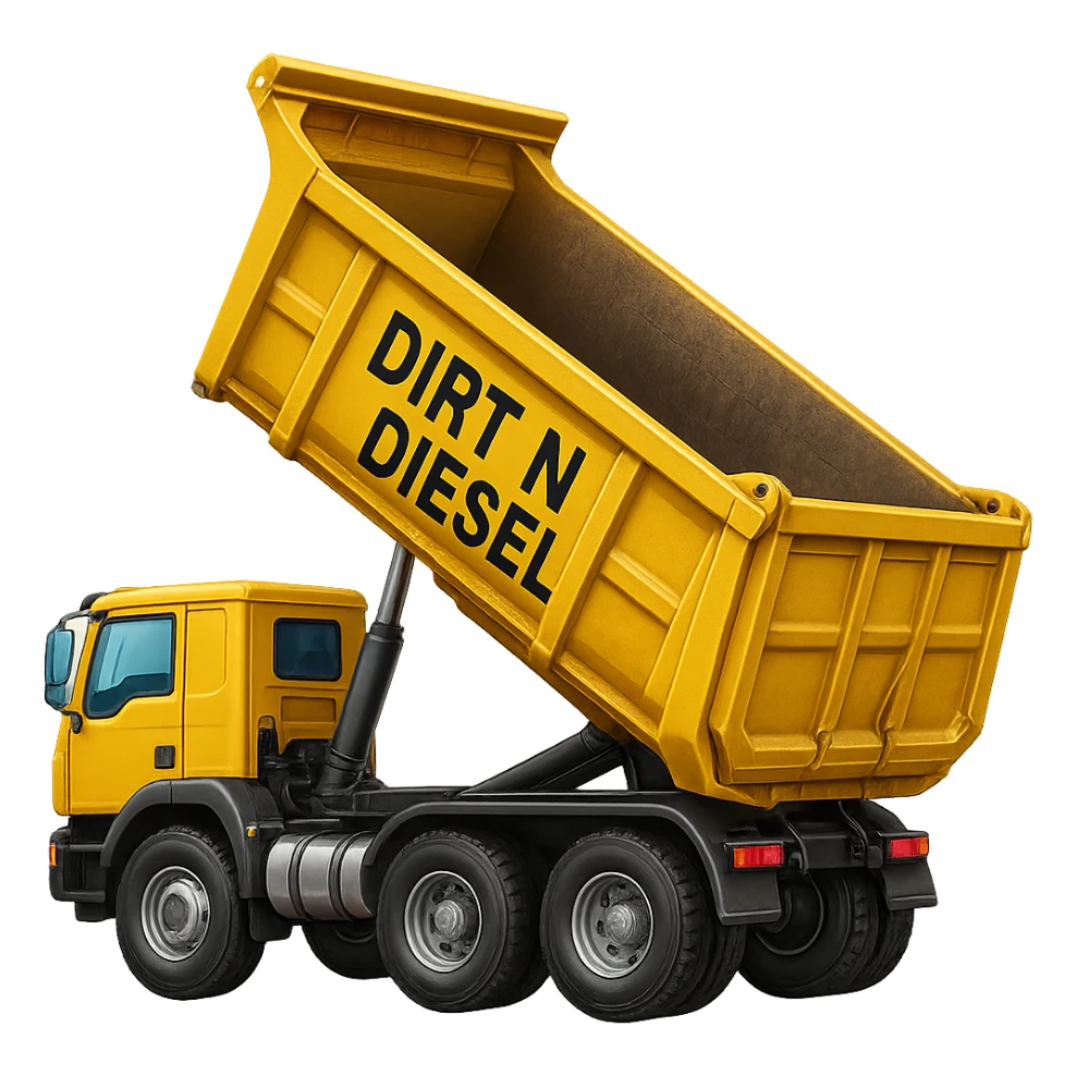 Make the dump end trailer more detailed while keeping the words 'Dirt n Diesel' visible. Preserve the emoji style look and feel. Remove the background. sticker
