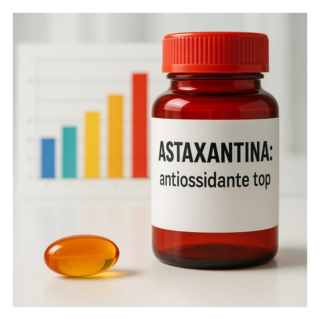 hyper realistic Astaxantina with colorful column chart, orange and golden capsule, red bottle, text 'Astaxantina: antiossidante top', clinical atmosphere, light background sticker