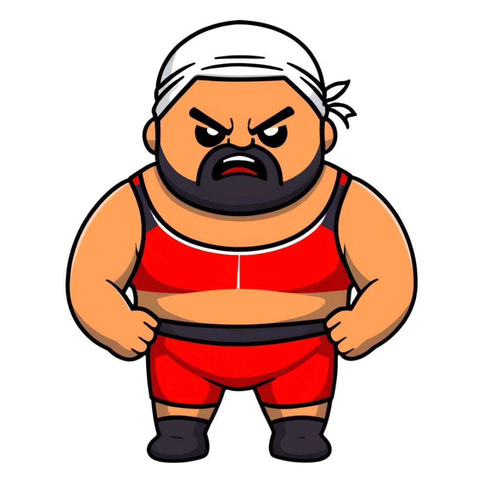 White skin fat guy with prominent black durag, black beard, black eyes in a red and black wrestling singlet with angry face sticker