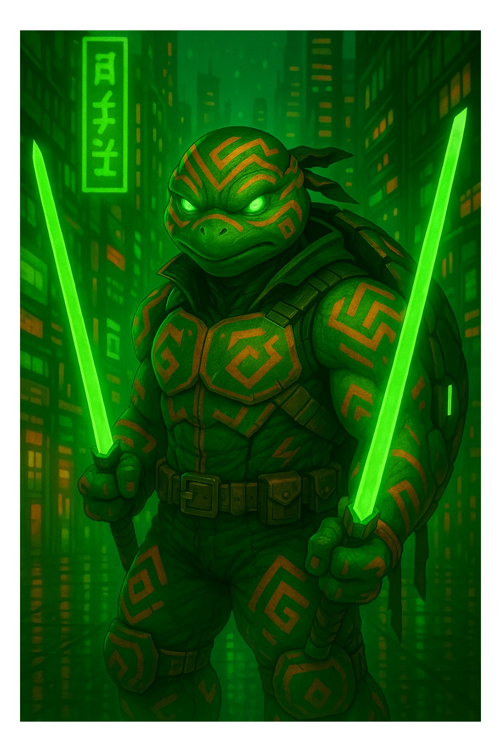 Change the color scheme to green and orange while keeping the neon-lit dystopian city background vibrant. Ensure the character's tribal markings and tech details remain visible and clear in the image. sticker