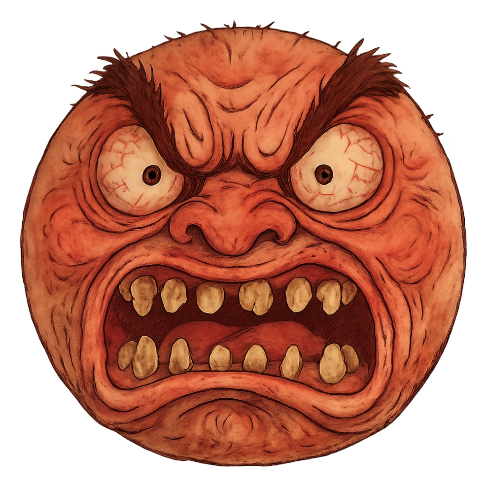 ghibli style ugly rage emoji with grotesque, exaggerated features sticker