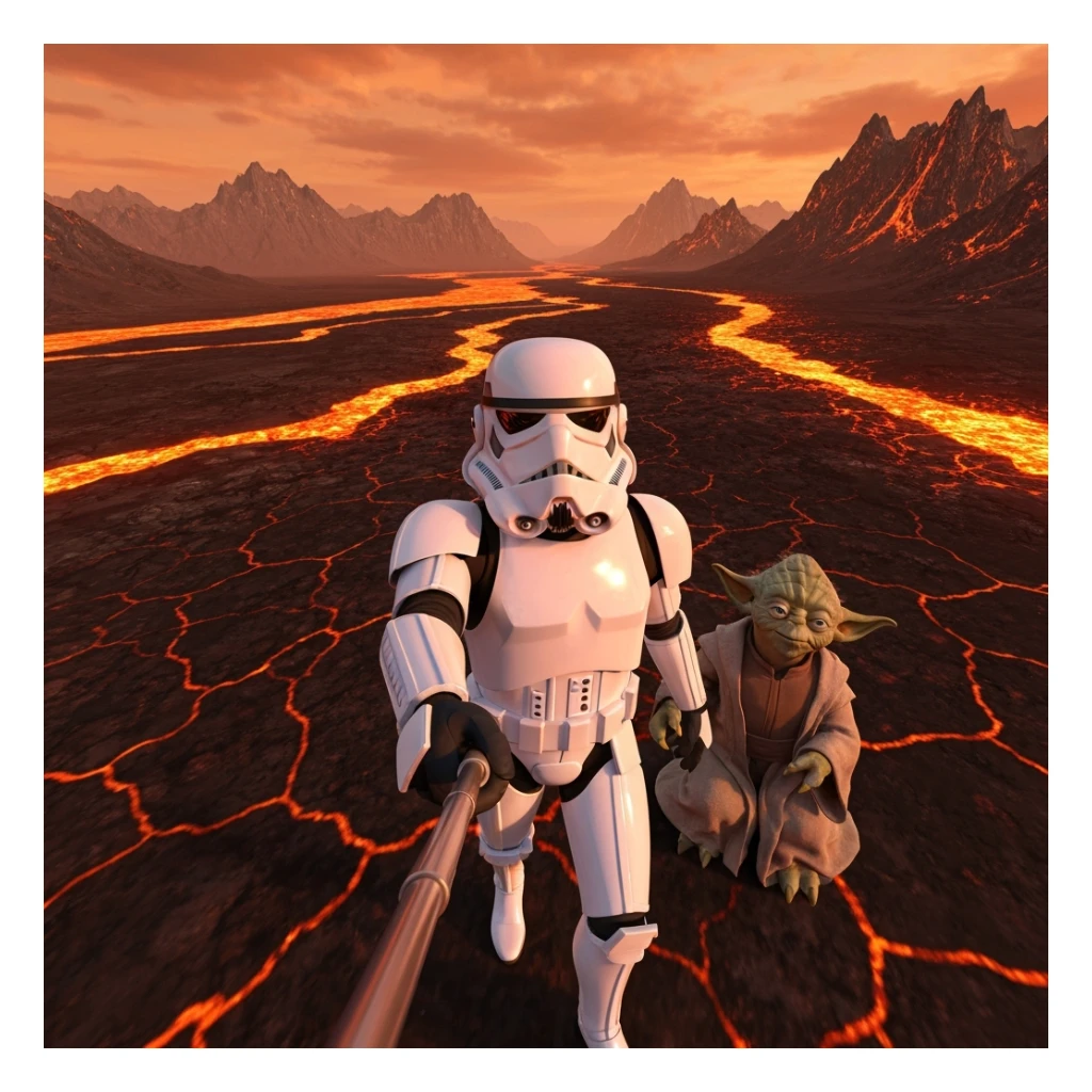 Camera POV, Starwars stormtroopers vlogging selfie, he is walking on lava planet with yoda sticker