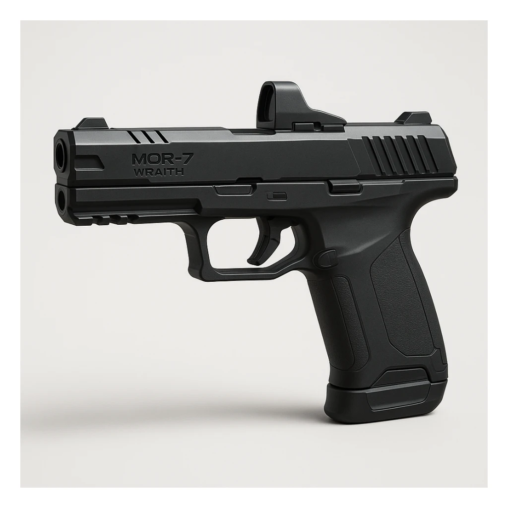 photorealistic hyper-realistic 3D render of a compact futuristic semi-automatic handgun named MCR-7 Wraith, sleek matte-black finish, angular slide cuts, low-profile integrated reflex sight, polymer frame with subtle texturing, ergonomic grip, slightly extended barrel with built-in compensator and side vent ports, minimal external controls, magnetic slide lock, smooth futuristic magazine well, smart sensor panels near trigger guard, neutral side view on clean white or grey background, soft shadow under the gun, modern tactical sci-fi style sticker