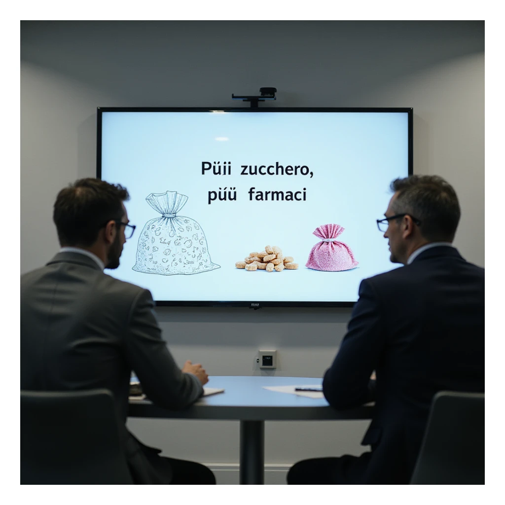 corporate meeting in a pharmaceutical company: managers discussing in front of a whiteboard with drawings of sweets and pills, Italian slogan 'Più zucchero, più farmaci', cynical atmosphere, photographic style, 4K quality sticker