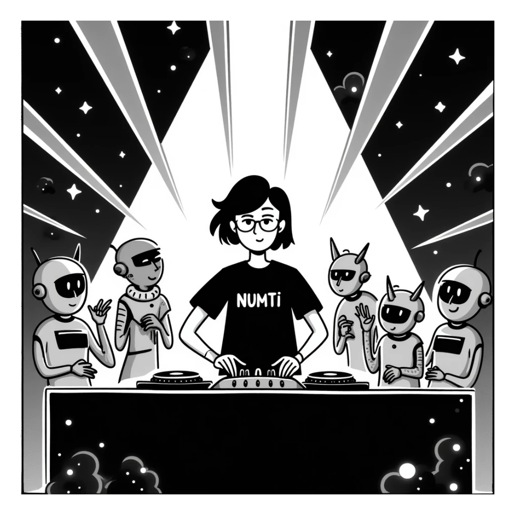 vibrant robot party scene with humanoid robot DJ in a black t-shirt with glowing 'NUMTI' text, DJ booth surrounded by neon lights, lasers, and smoke, metallic robots dancing and holographic displays creating an immersive, creative atmosphere sticker
