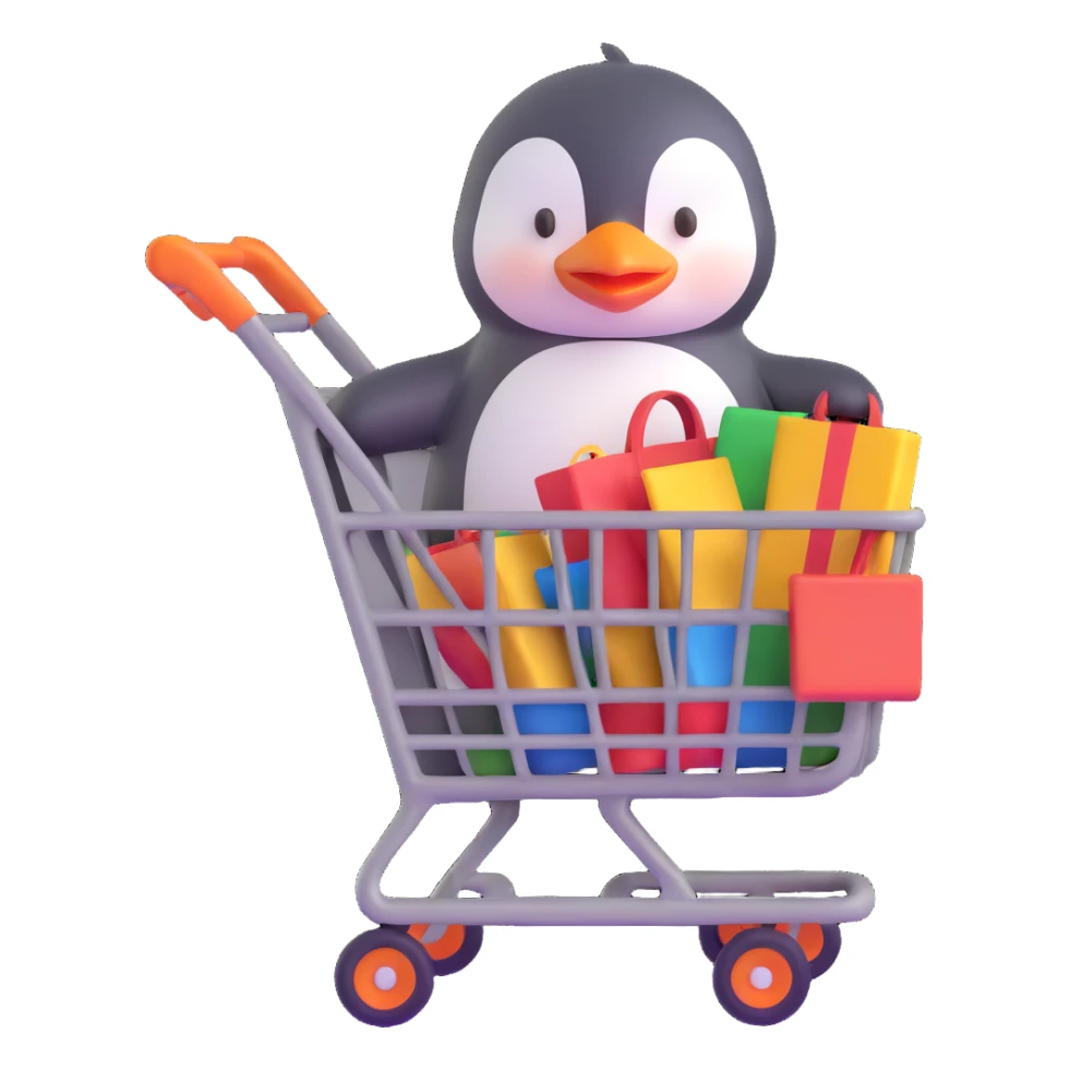 cute baby penguin pushing a shopping cart sticker