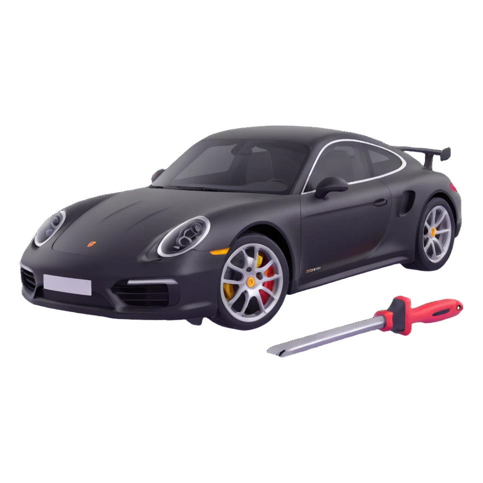 Porsche luxury car with a visible dent from a crash, dent repair tools like a lever and small hammer, elegant and modern sticker