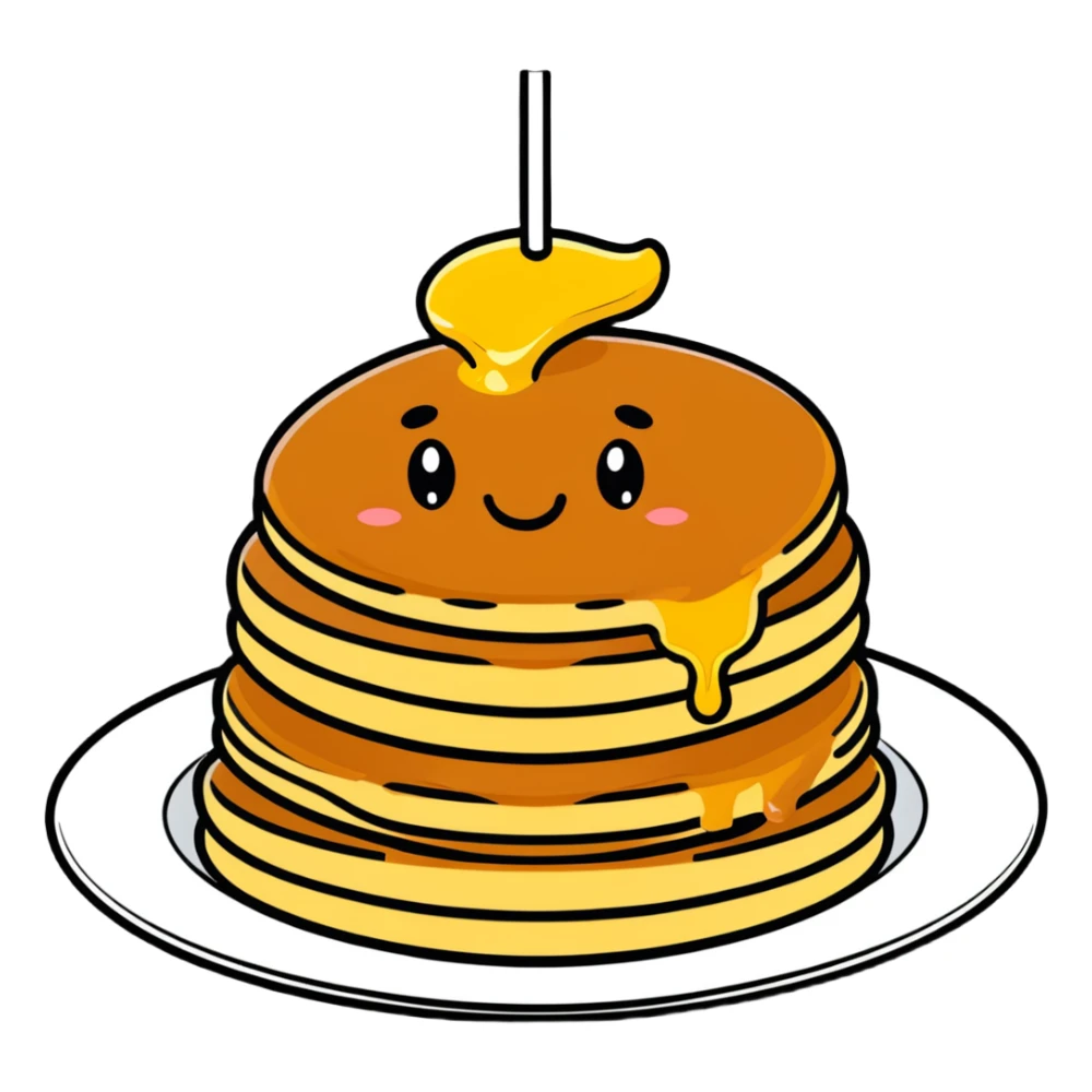 adorable pancakes with butter on top and maple syrup dripping down, smiling face sticker