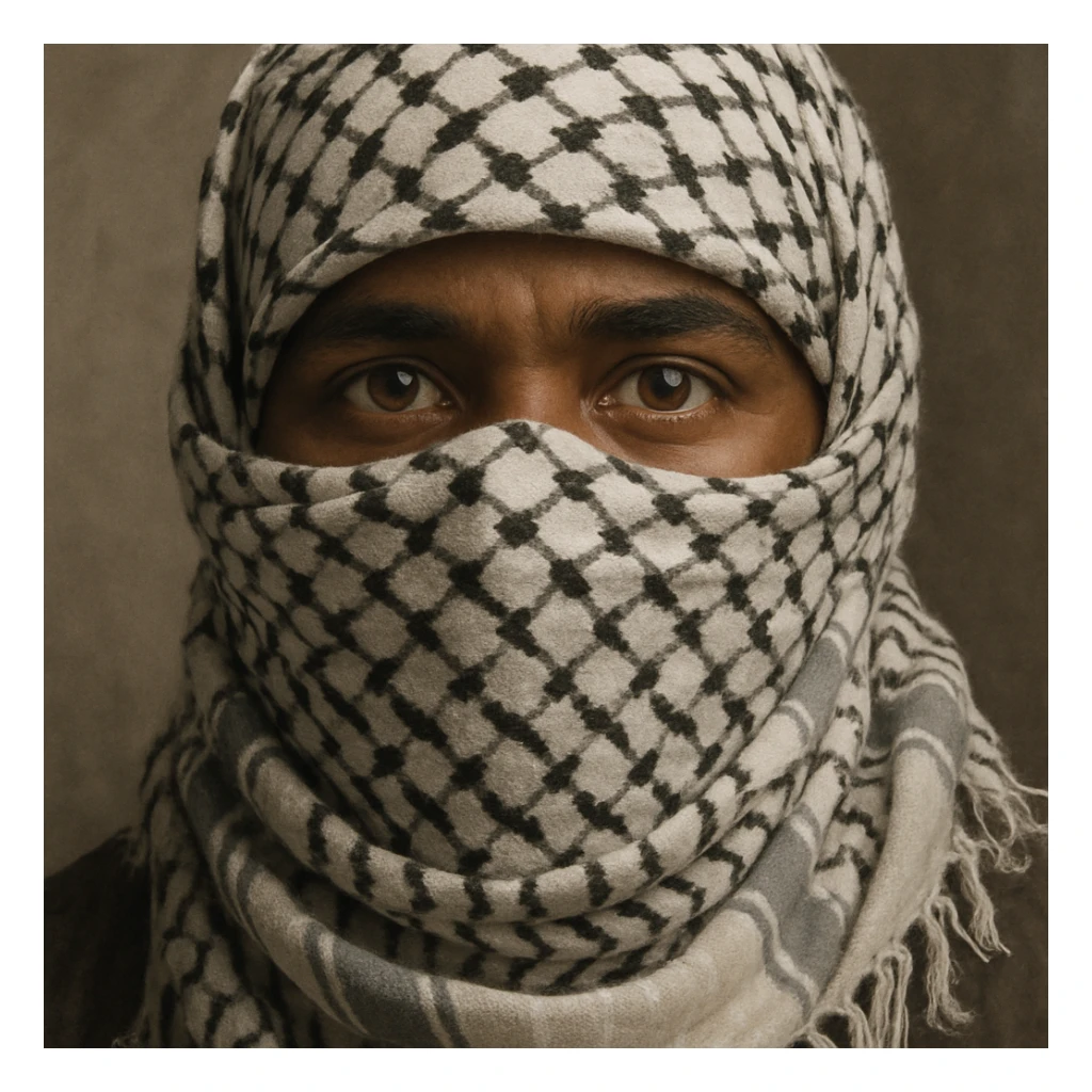 A person with brown skin, eyes visible, face fully covered by a Palestinian keffiyeh scarf sticker