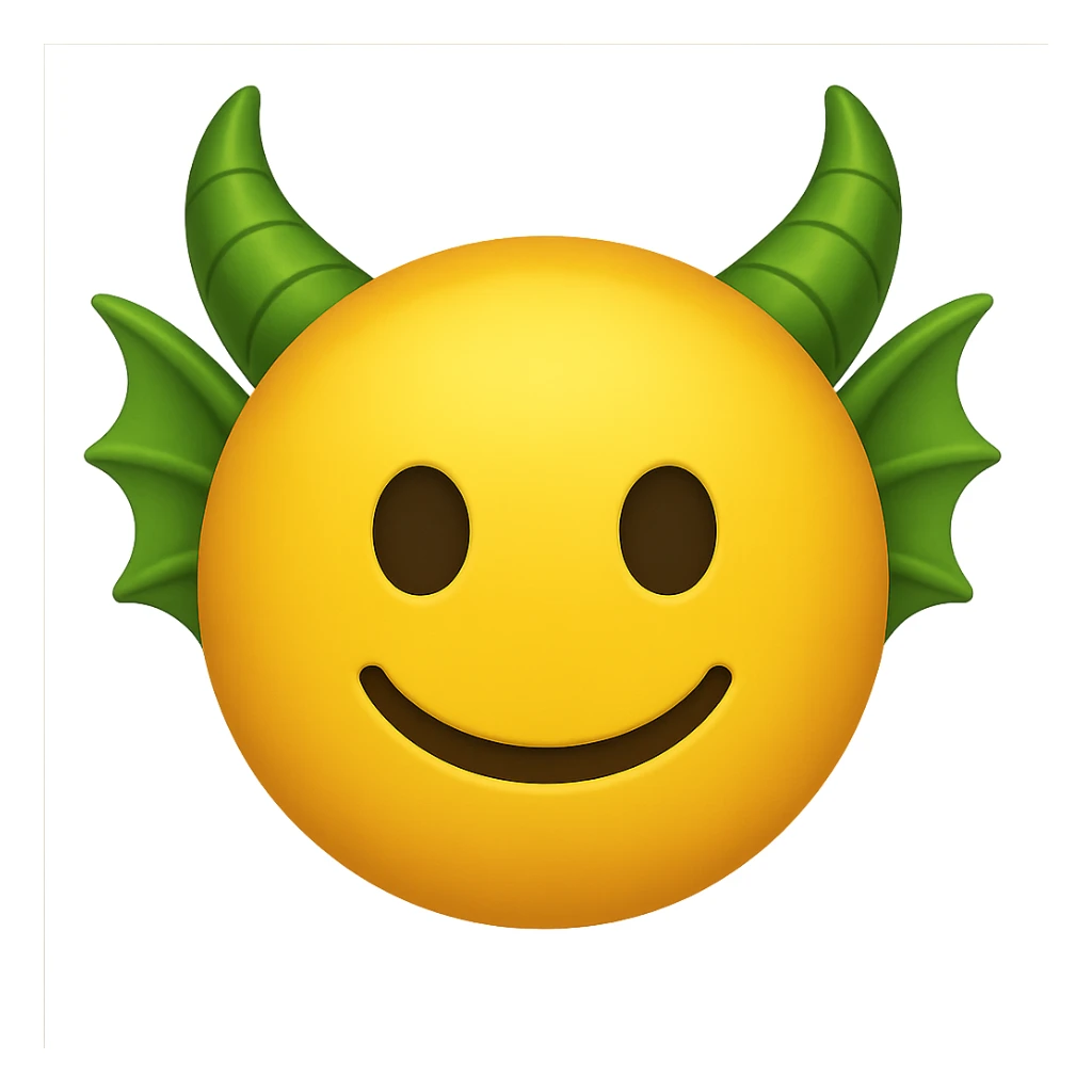 yellow face with green dragon horns, digital illustration, emoji style sticker