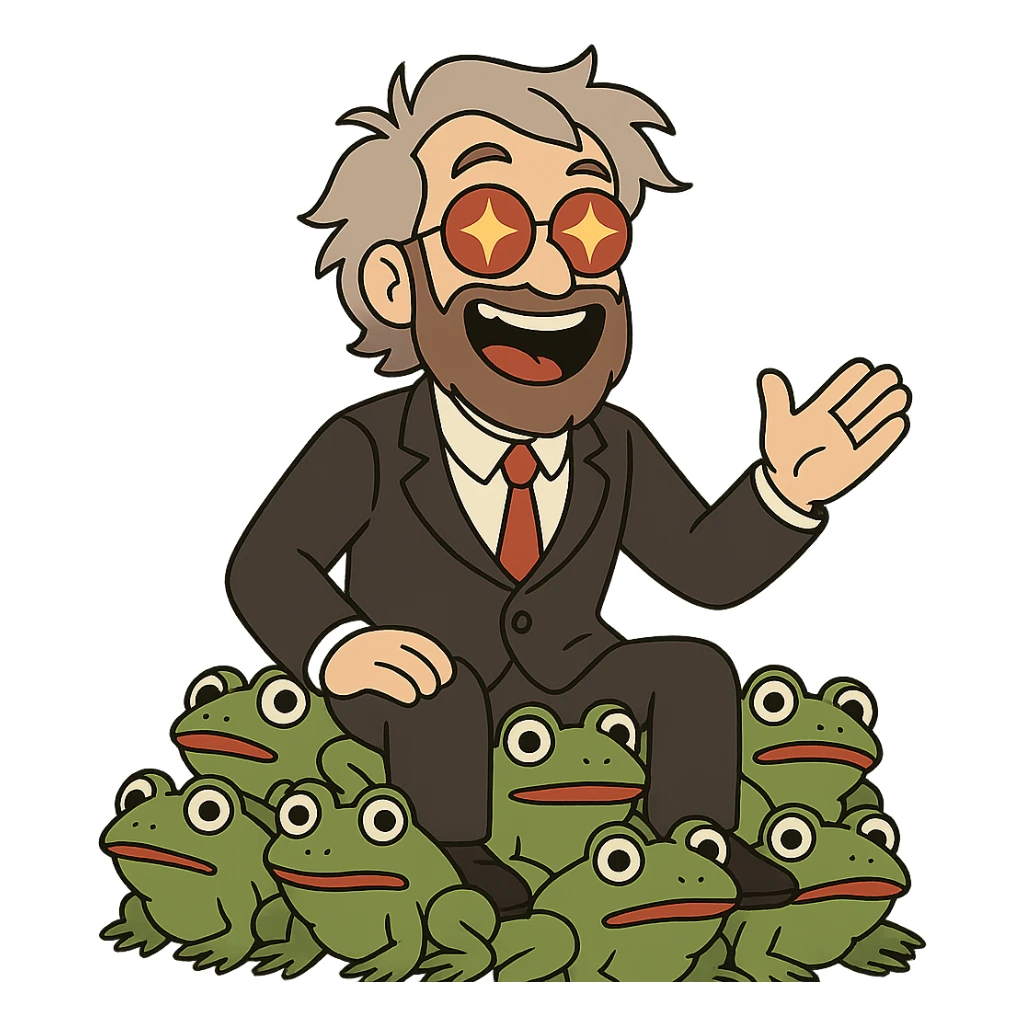 A middle-aged animated man with light grey tousled medium-length hair and a thick well-groomed brown-grey beard, wearing round glasses with red lenses that reflect bright orange-yellow stars. He has a very joyful, charismatic expression with an open-mouthed smile showing teeth. He is dressed in a formal black suit, white shirt, and red tie, sitting on a pile of green frogs with big eyes and red lips. sticker