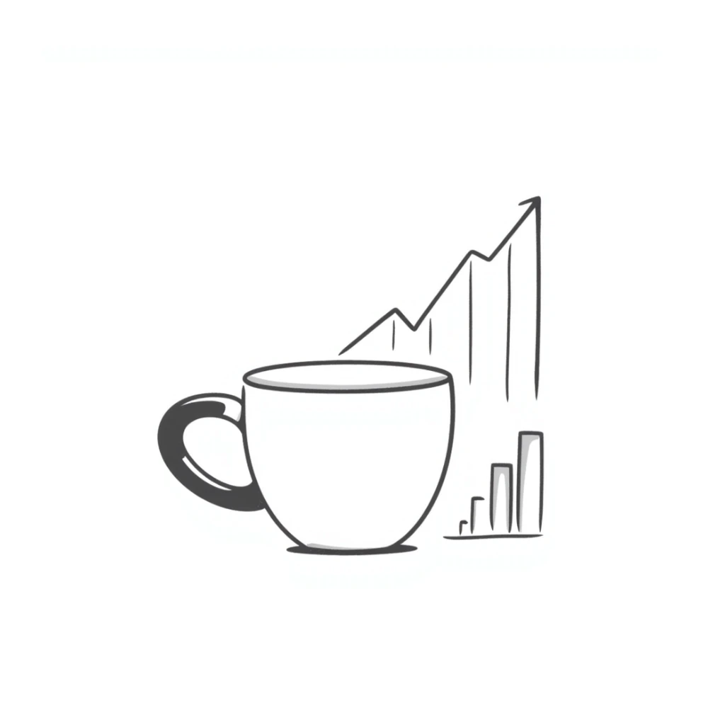 a doodle of a coffee cup next to a bullish stock graph sticker