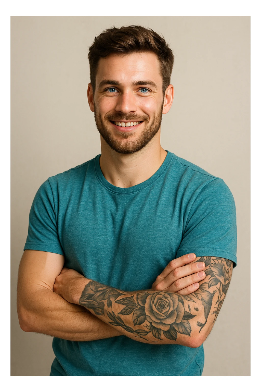A young man, 25, with blue eyes, brown hair, short beard, visible tattoos on his left arm, arms crossed, smiling confidently. sticker