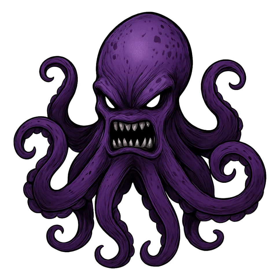 Remove the nose, make the octopus look scary, keep the purple color, with no background. Maintain the original style and details of the octopus while making it look scary and purple. sticker