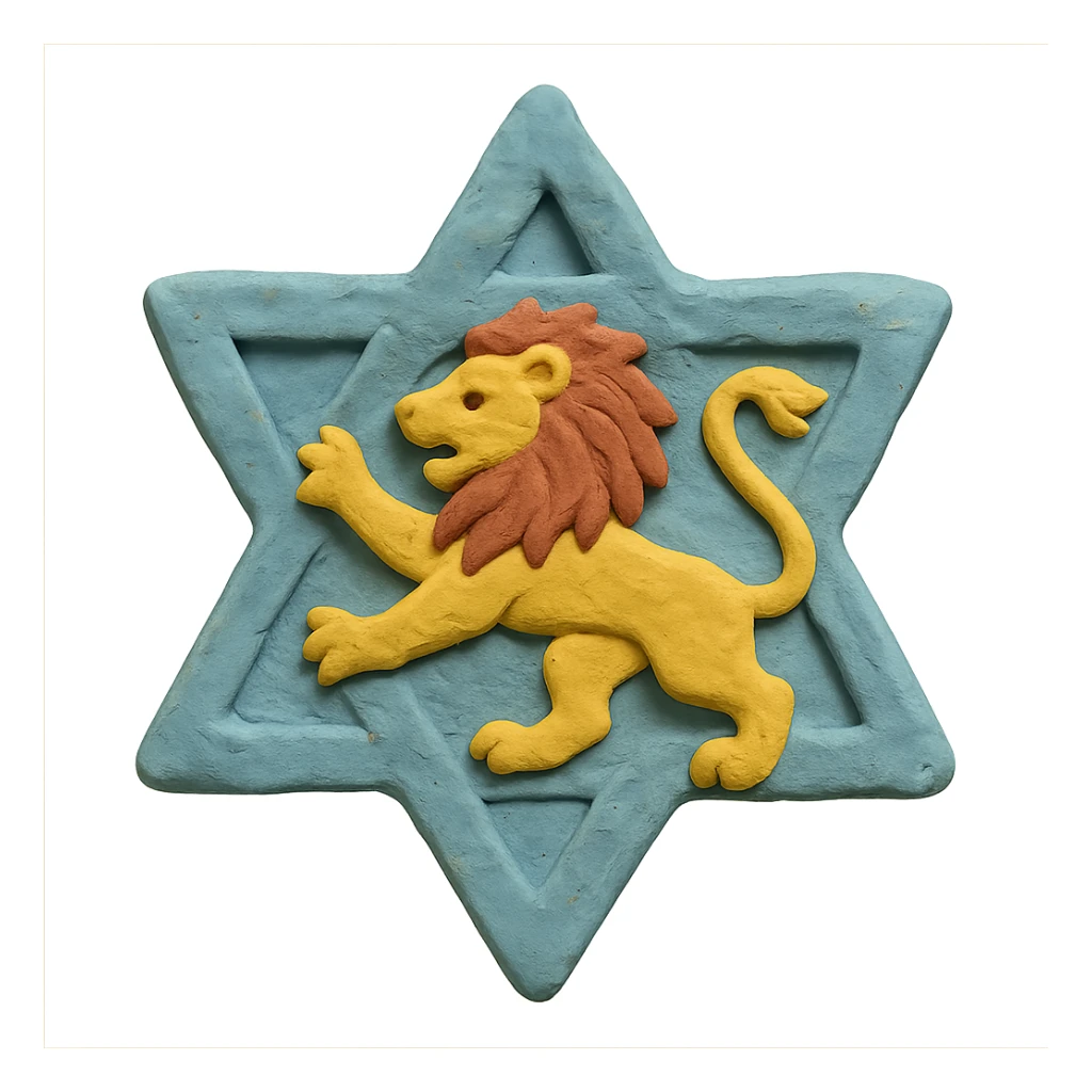 Star of David with a lion inside, matte plasticine claymation with visible fingerprints and pastel colors sticker