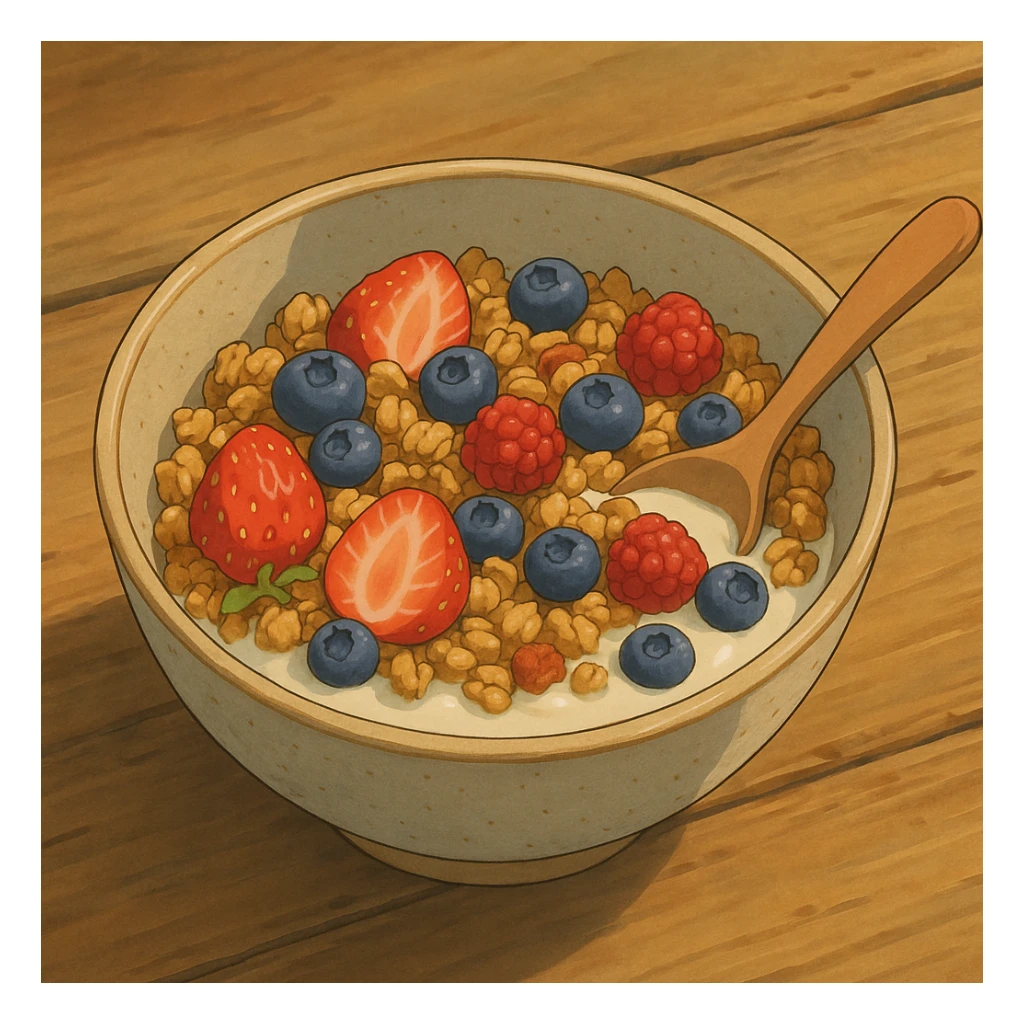 bowl of granola with berries and yogurt sticker