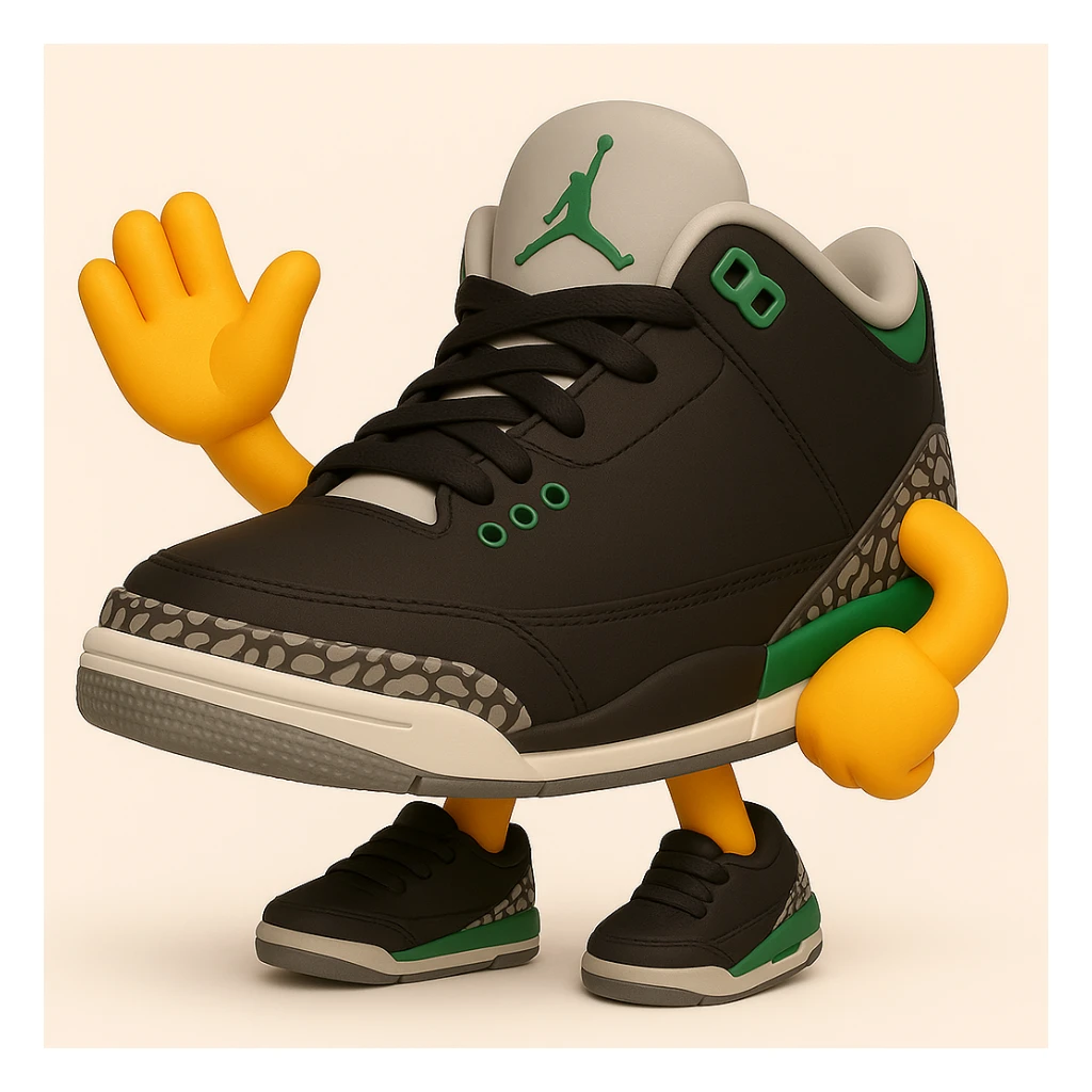 Create a sneaker character with no face, arms and legs, in a waving pose, inspired by 3D emoji style. The style should reflect the look of Microsoft style 3D fluent emojis, focusing on the sneaker character's friendly waving pose. sticker