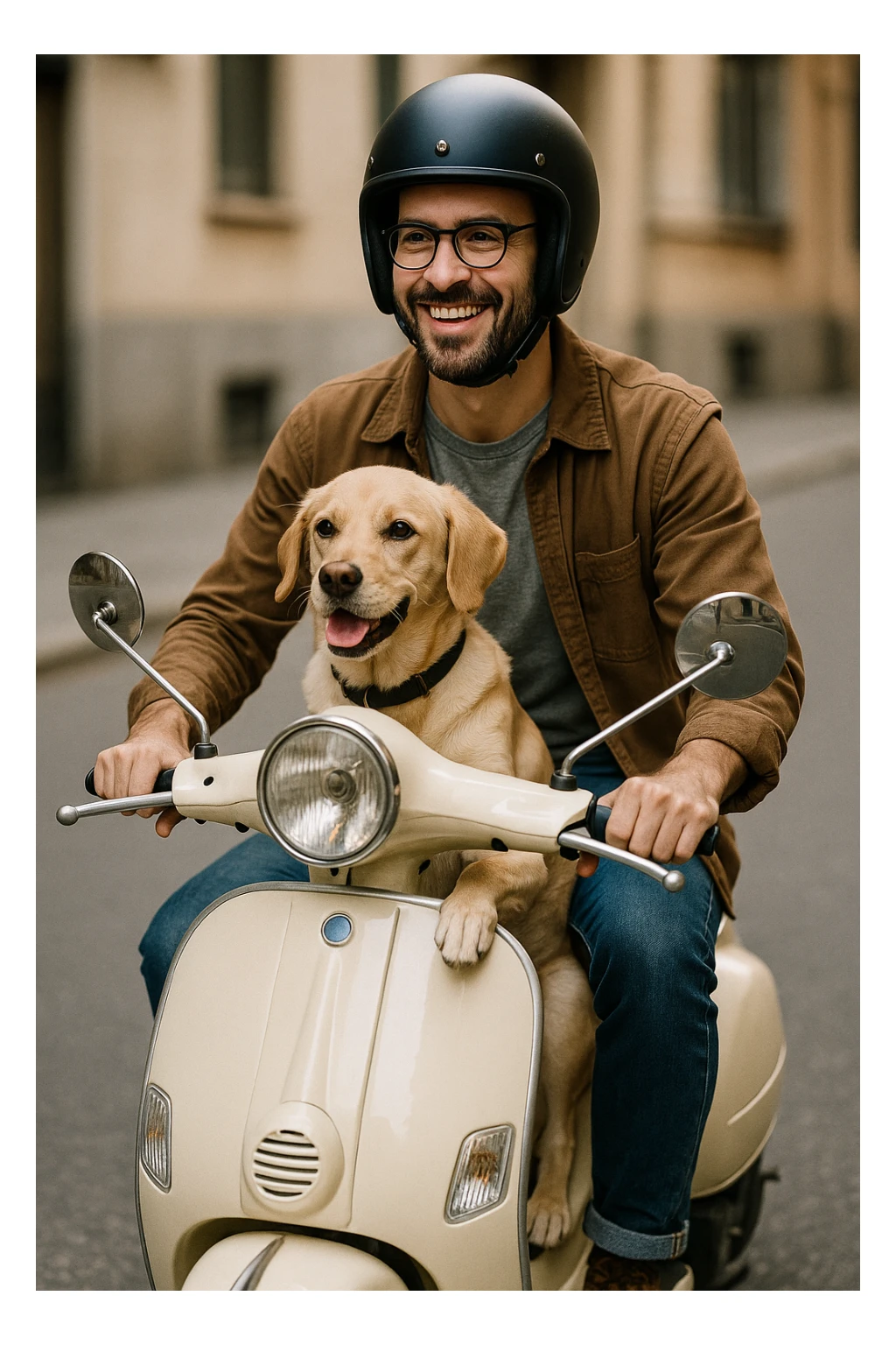 man and his pet dog riding a vespa sticker