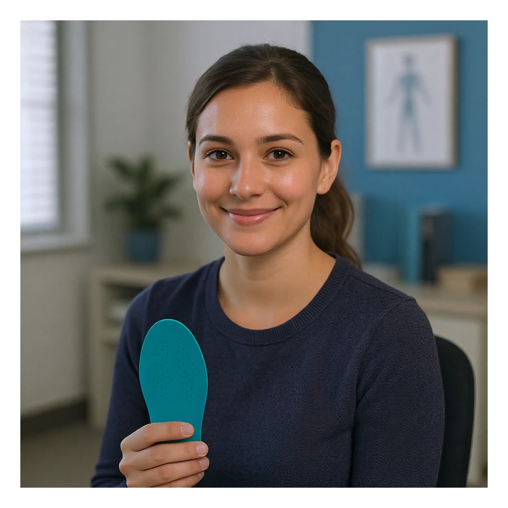 vertical scene in a professional medical office, a client with poor posture receiving advice about orthotic insoles from a doctor, with elements representing postural exercises and collaboration with other specialists, professional illustrative style sticker