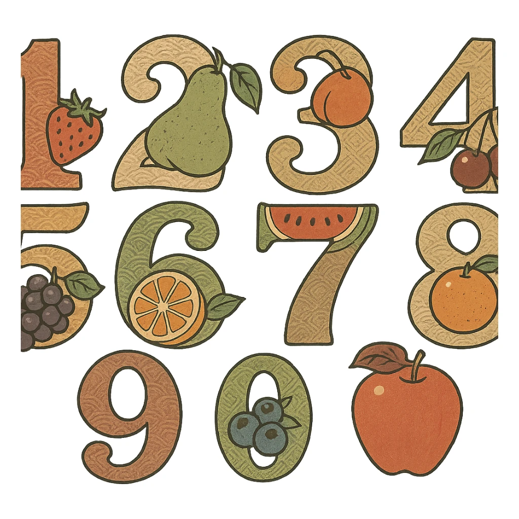 ukiyo-e style numbers with fruit motifs, traditional Japanese illustration sticker