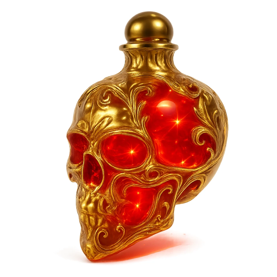 Make the neck of the skull-shaped elixir bottle very small and barely visible but still golden. Keep the red color with lots of glow, sharp edges, light refractions, golden details, ornaments, magical effects, and a transparent background. The bottom should merge beautifully and the bottle should clearly hang in the air, giving a premium, luxurious, magical crystal bottle collection impression. sticker