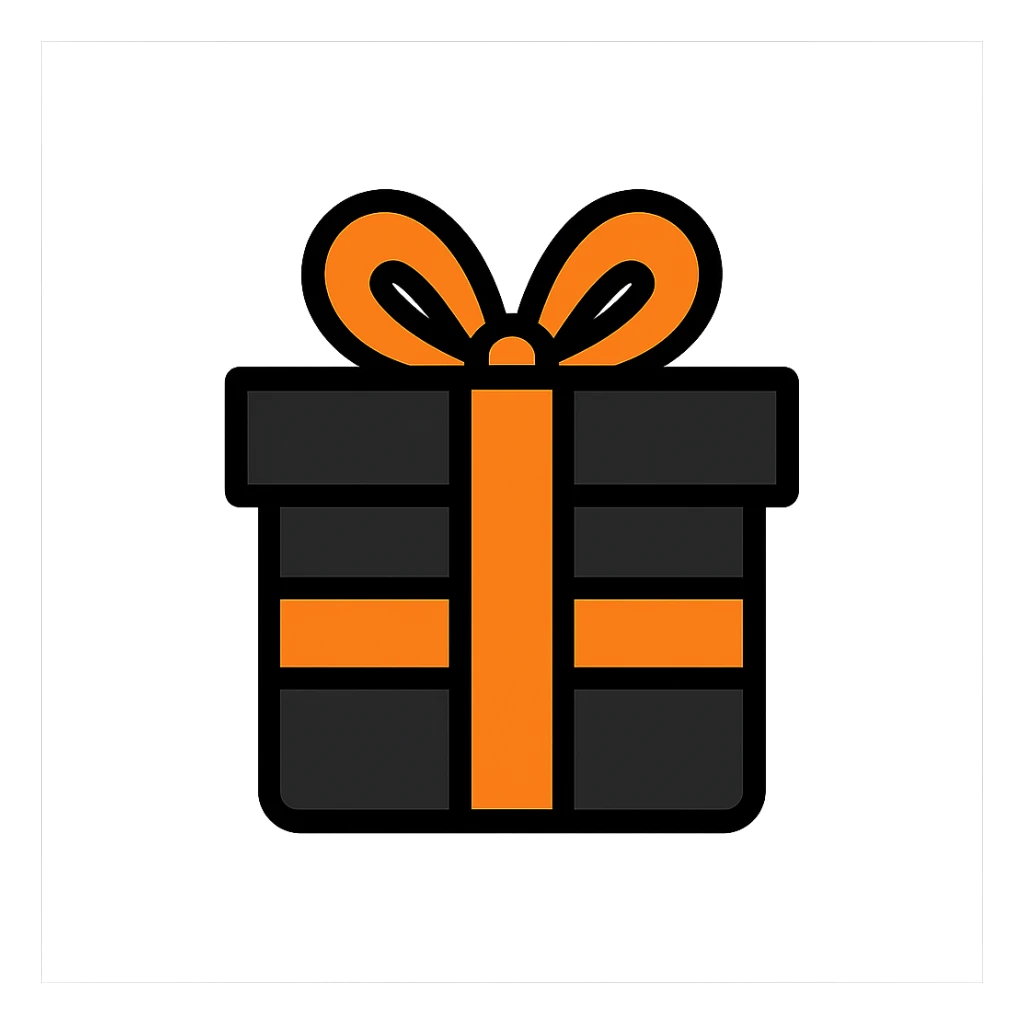 black gift box wrapped with an orange ribbon, simple, clear, icon-like sticker