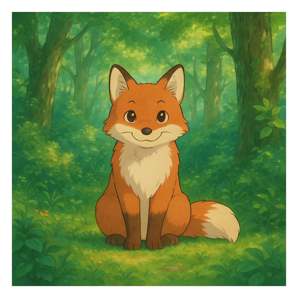 a friendly fox sitting in a lush forest, ghibli style sticker